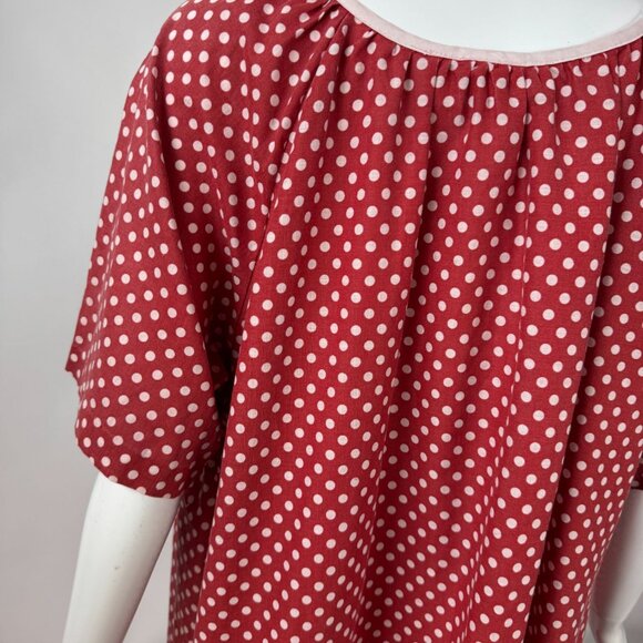Vintage 1950s Red & White Polka Dot Button-Up House Dress With Short Sleeves - Picture 10 of 16
